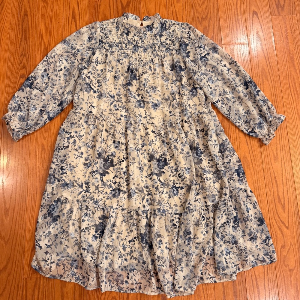 Polagram Womens Dress Medium Blue Floral Smocked Tiered Boho Cottagecore